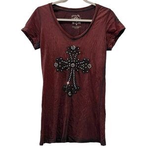 Velvet Stone Washed Cross Bling Rock Western Vneck T-shirt Medium​​​​​​​​​​​​​